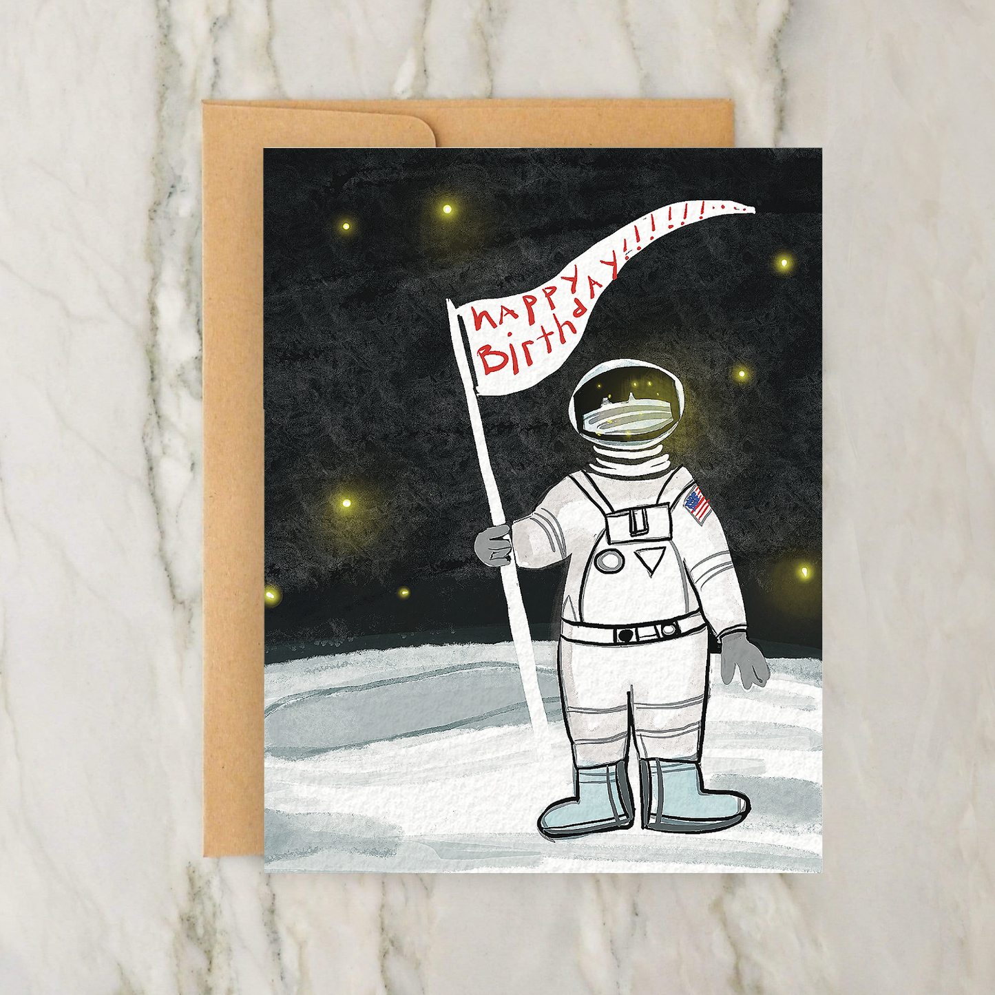 Space Astronaut on Moon "Happy Birthday" 4x5" Greeting Card