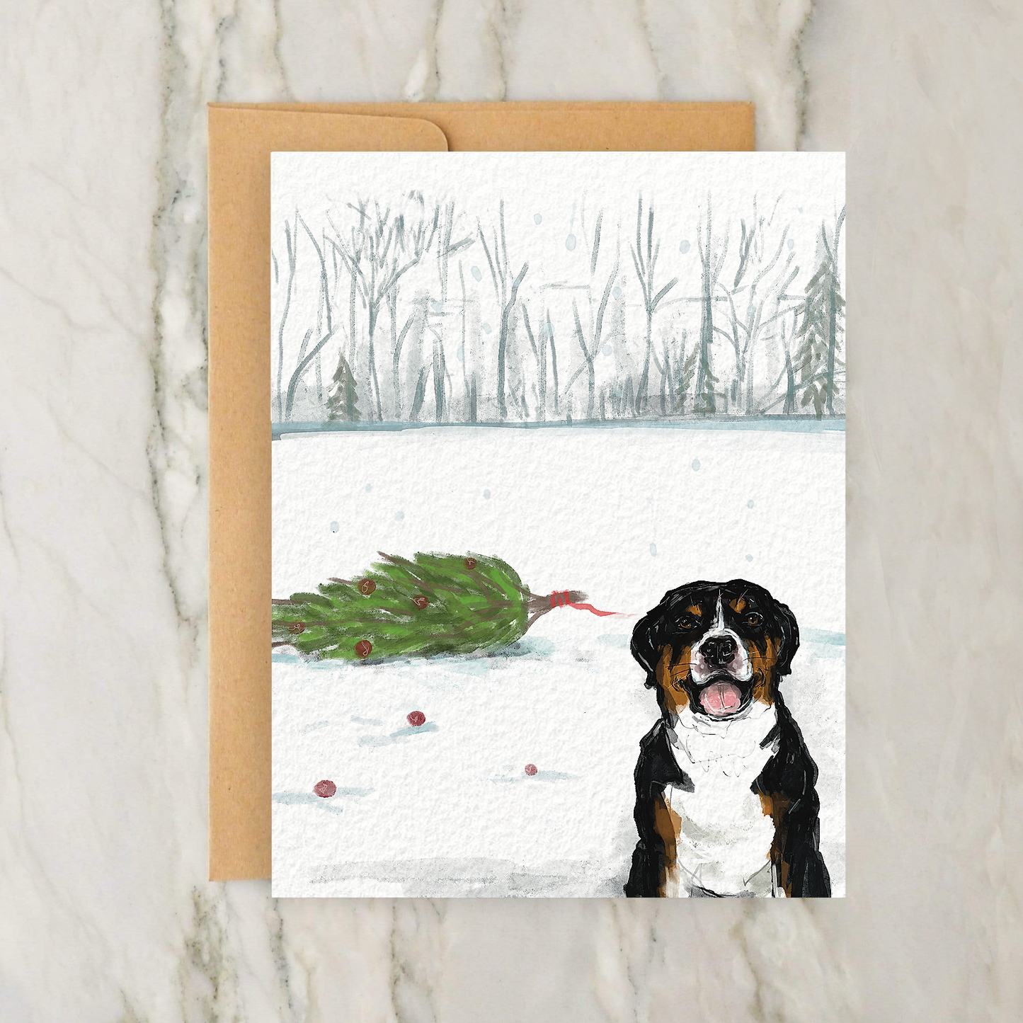 Christmas Swiss Mountain Dog with Tree 4x5" Greeting Card