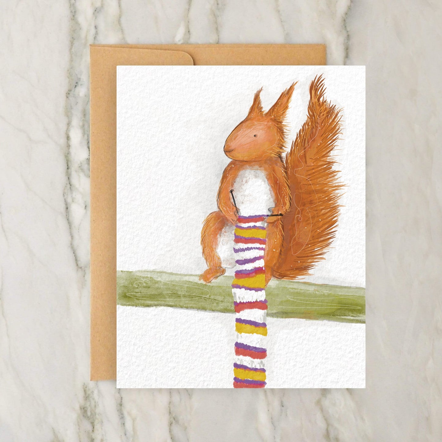Knitting Squirrel 4x5" Greeting Card