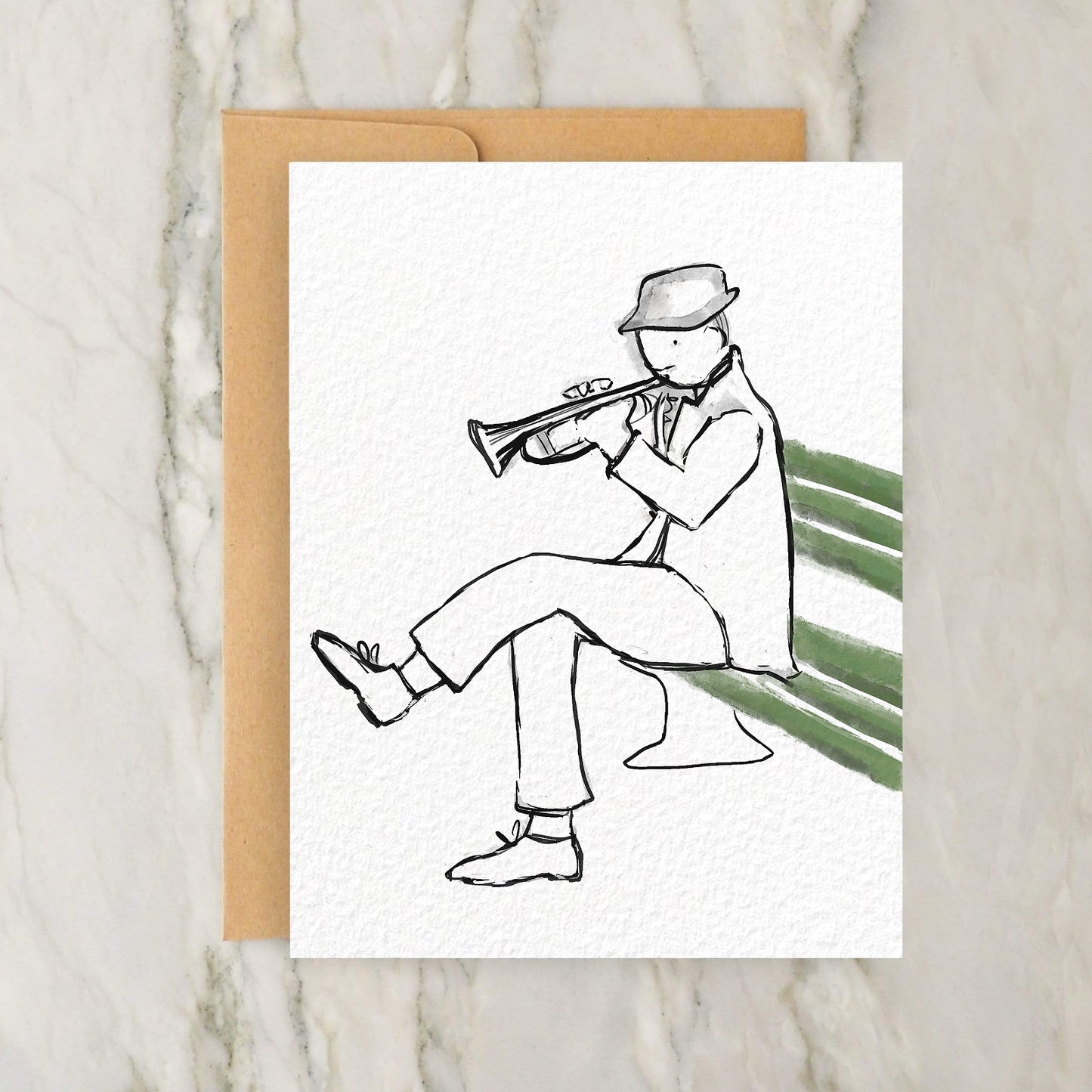 Person Playing Trumpet on a Bench 4x5" Greeting Card