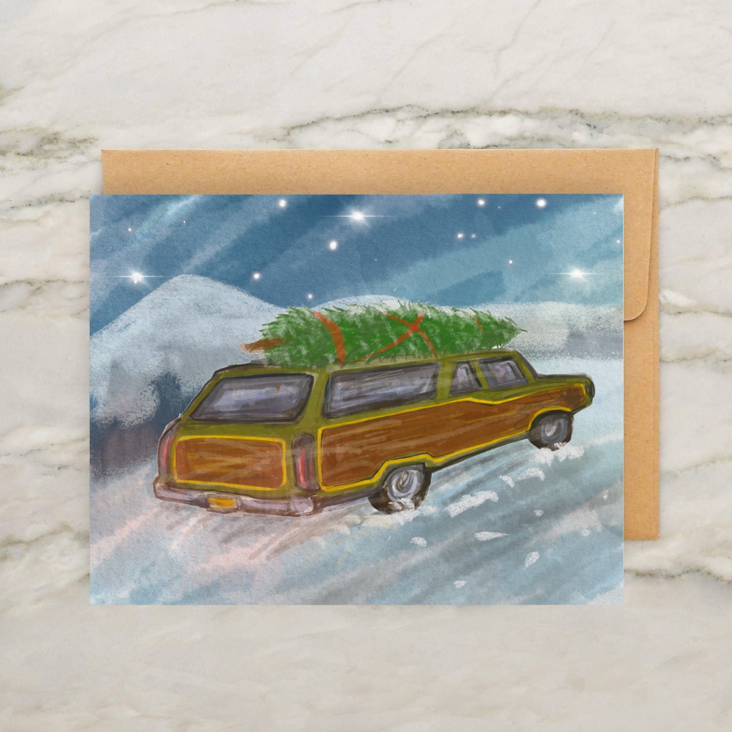 Old Fashioned Station Wagon With Christmas Tree 4x5" Card