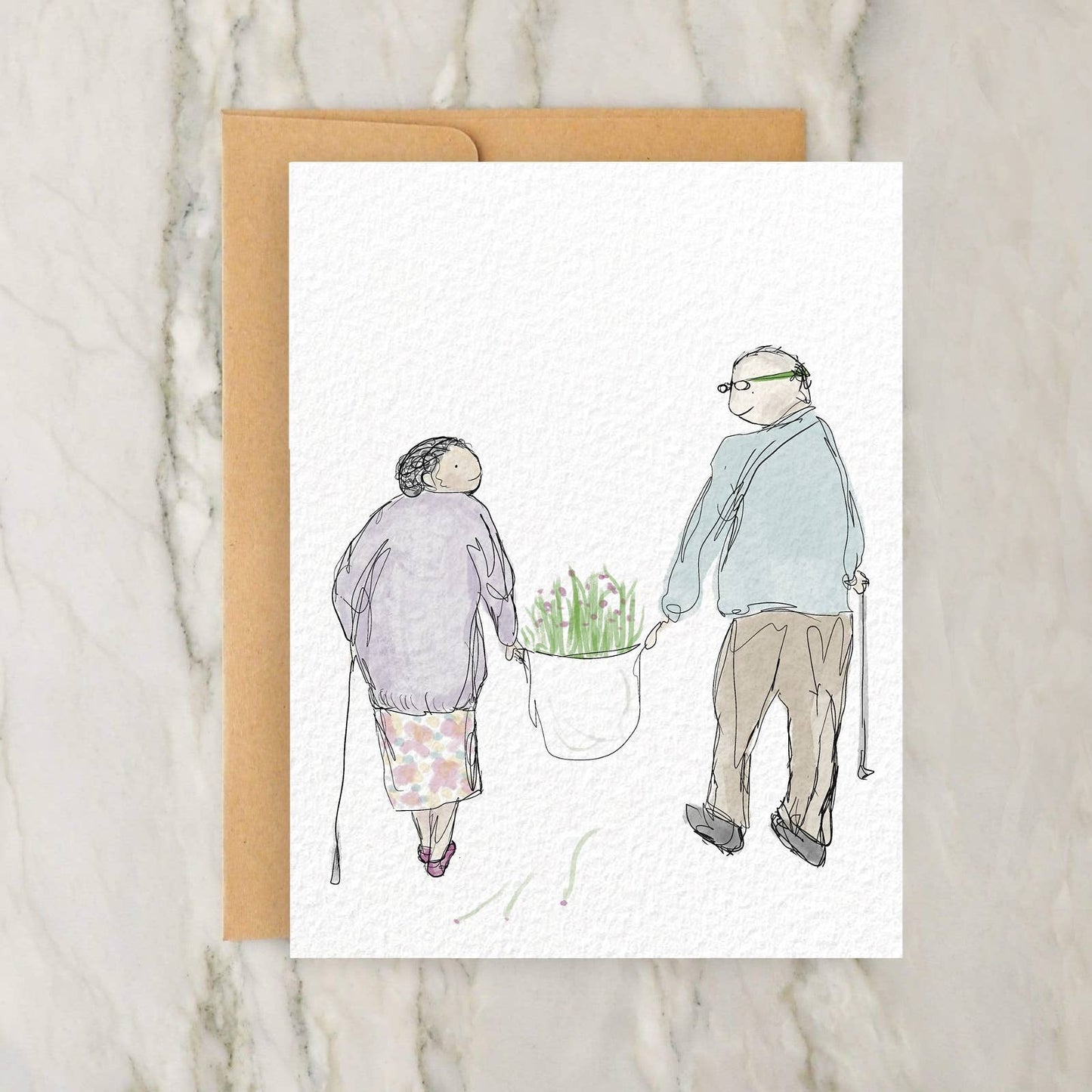 Cute Elderly Grandparents with Flowers 4x5" Greeting Card