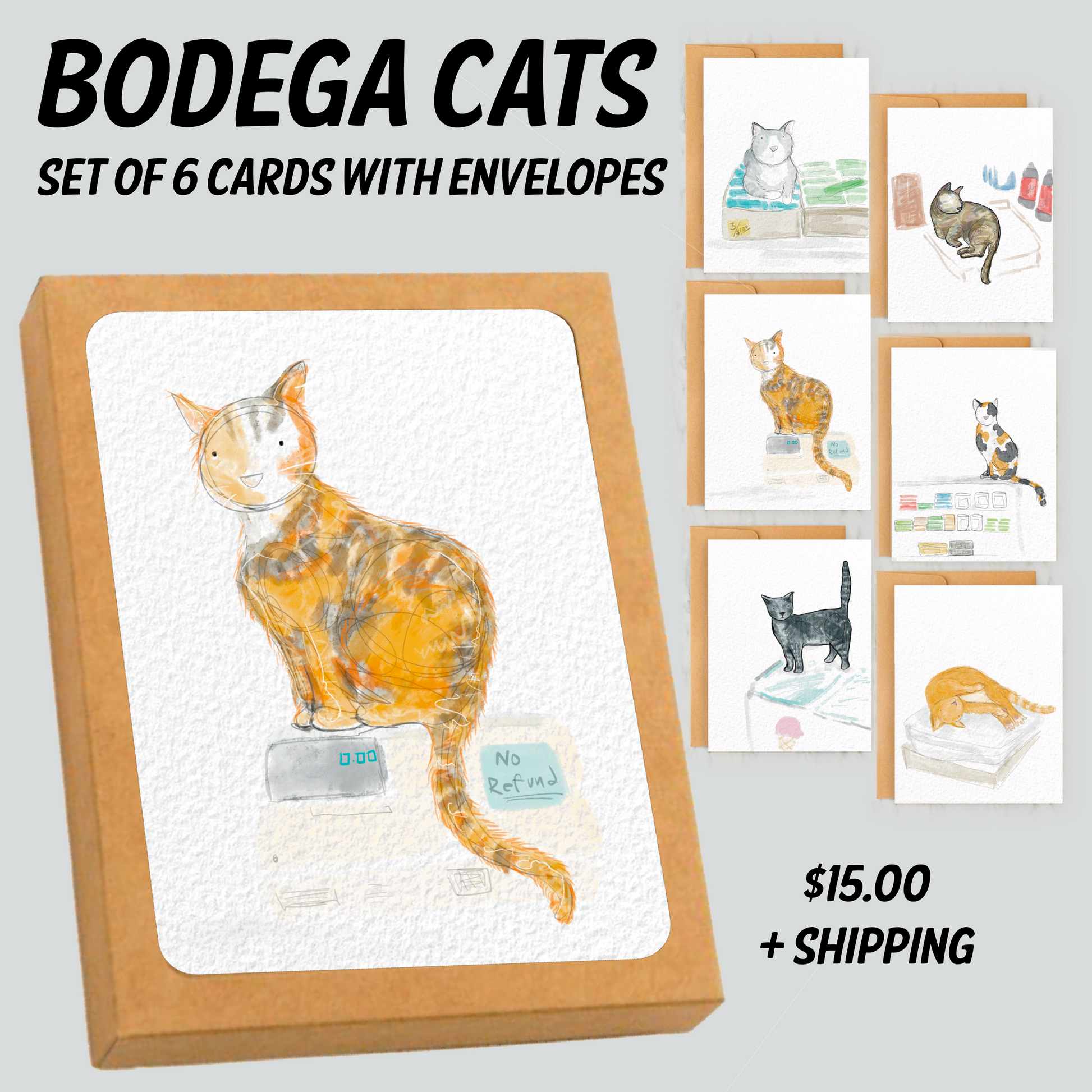 a set of 6 cards with envelopes with a picture of a cat