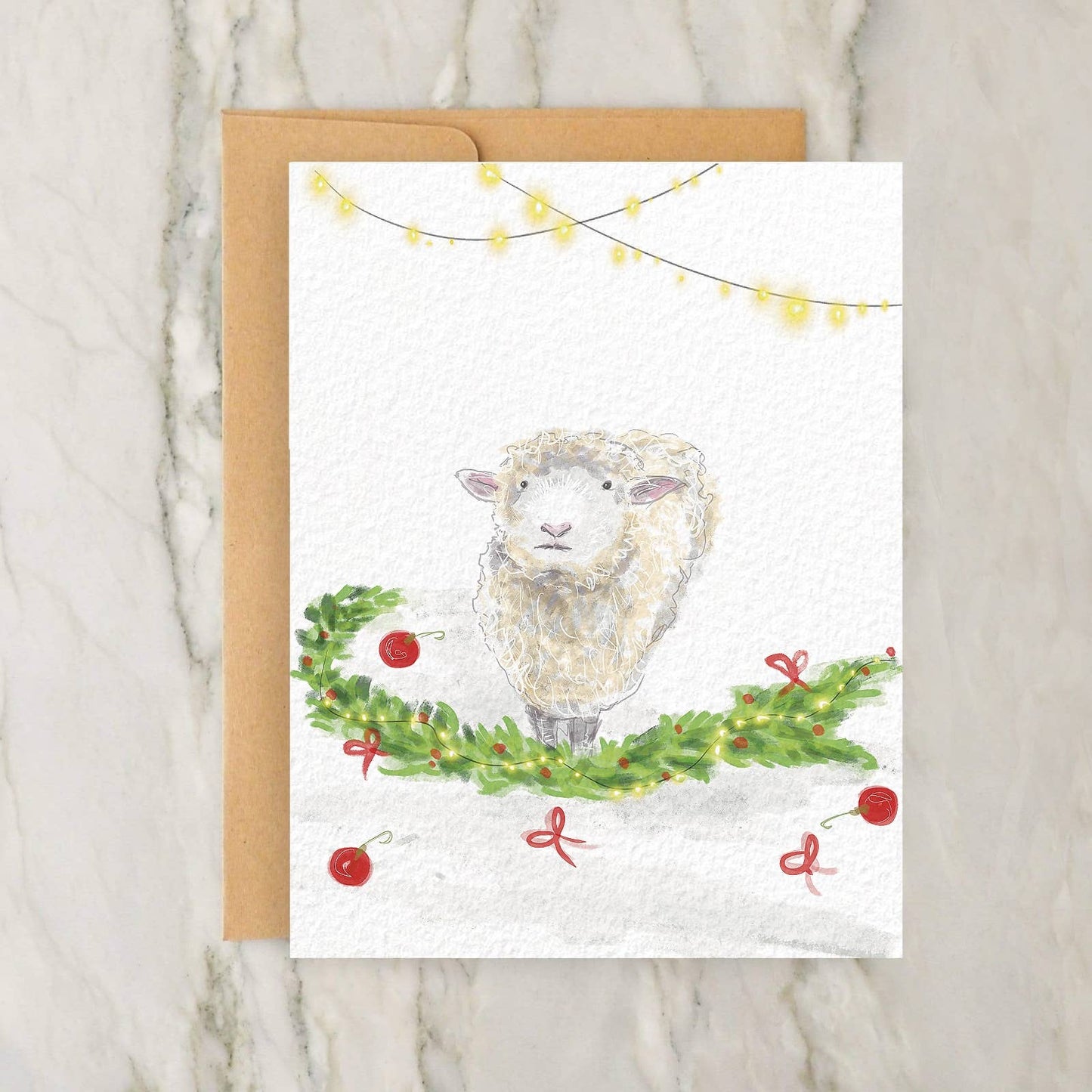 Cute Smiling Sheep Christmas Wreath 4x5" Greeting Card