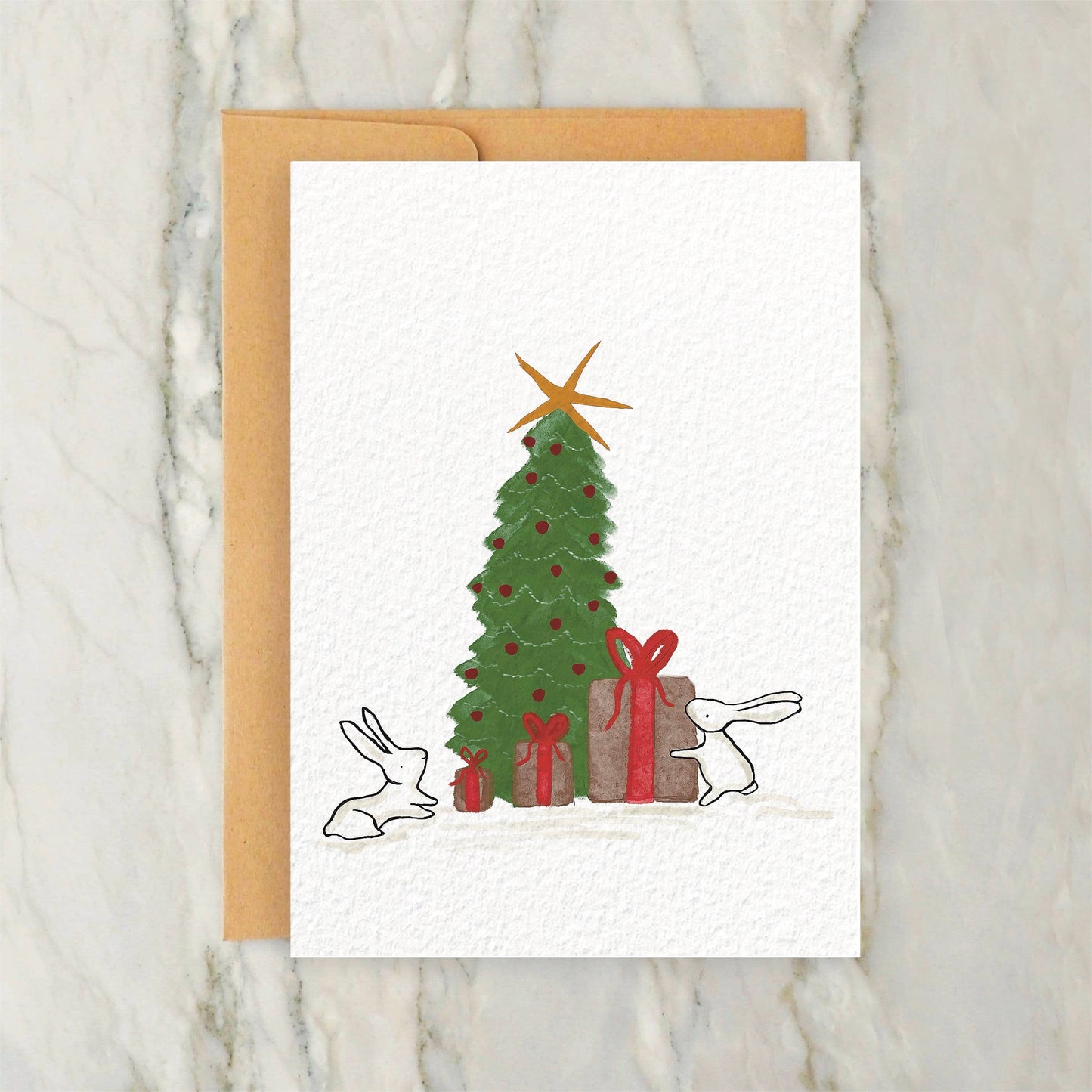 Bunnies Under Holiday Tree 4x5" Greeting Card Vintage