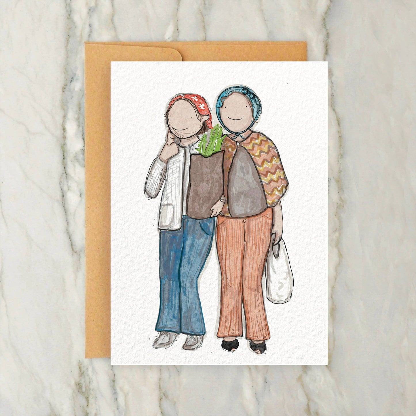 1970s Friends Grocery Shopping 4x5" Greeting Card Vintage