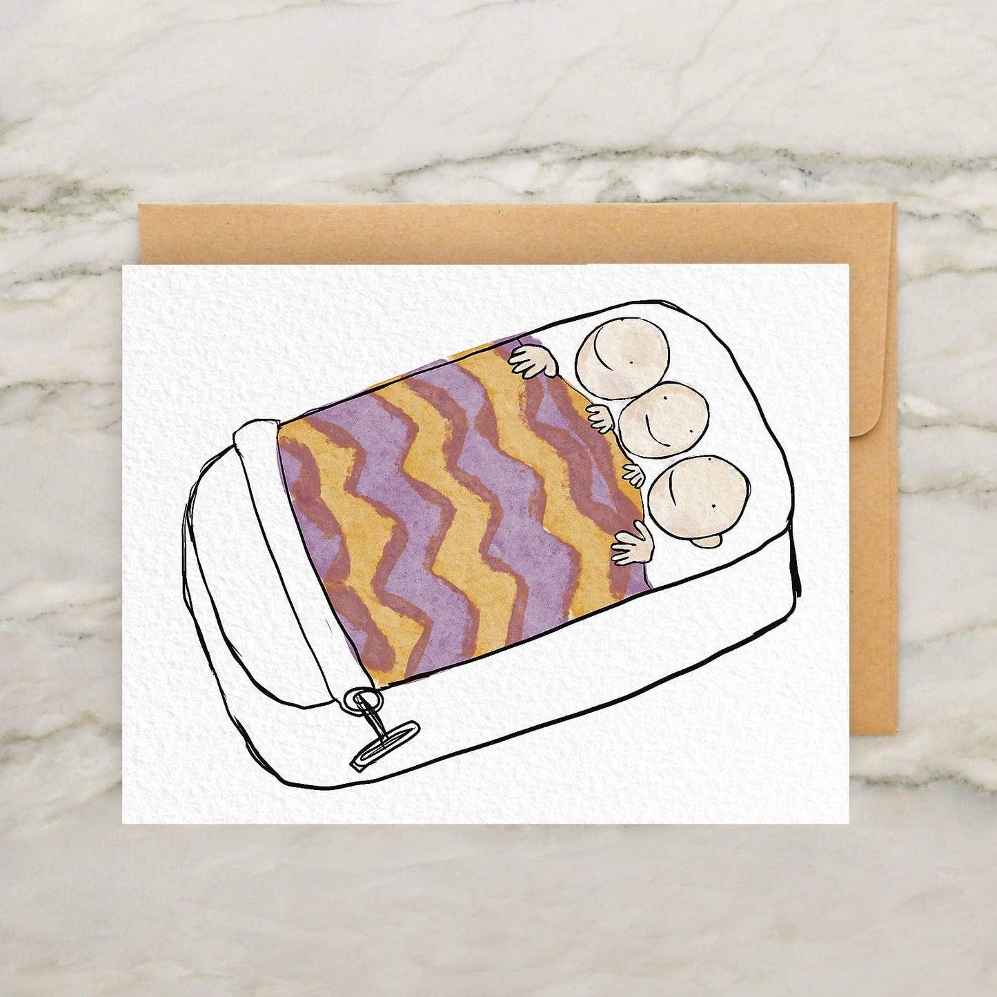 Three Snug People in Sardine Can Bed 4x5" Greeting Card