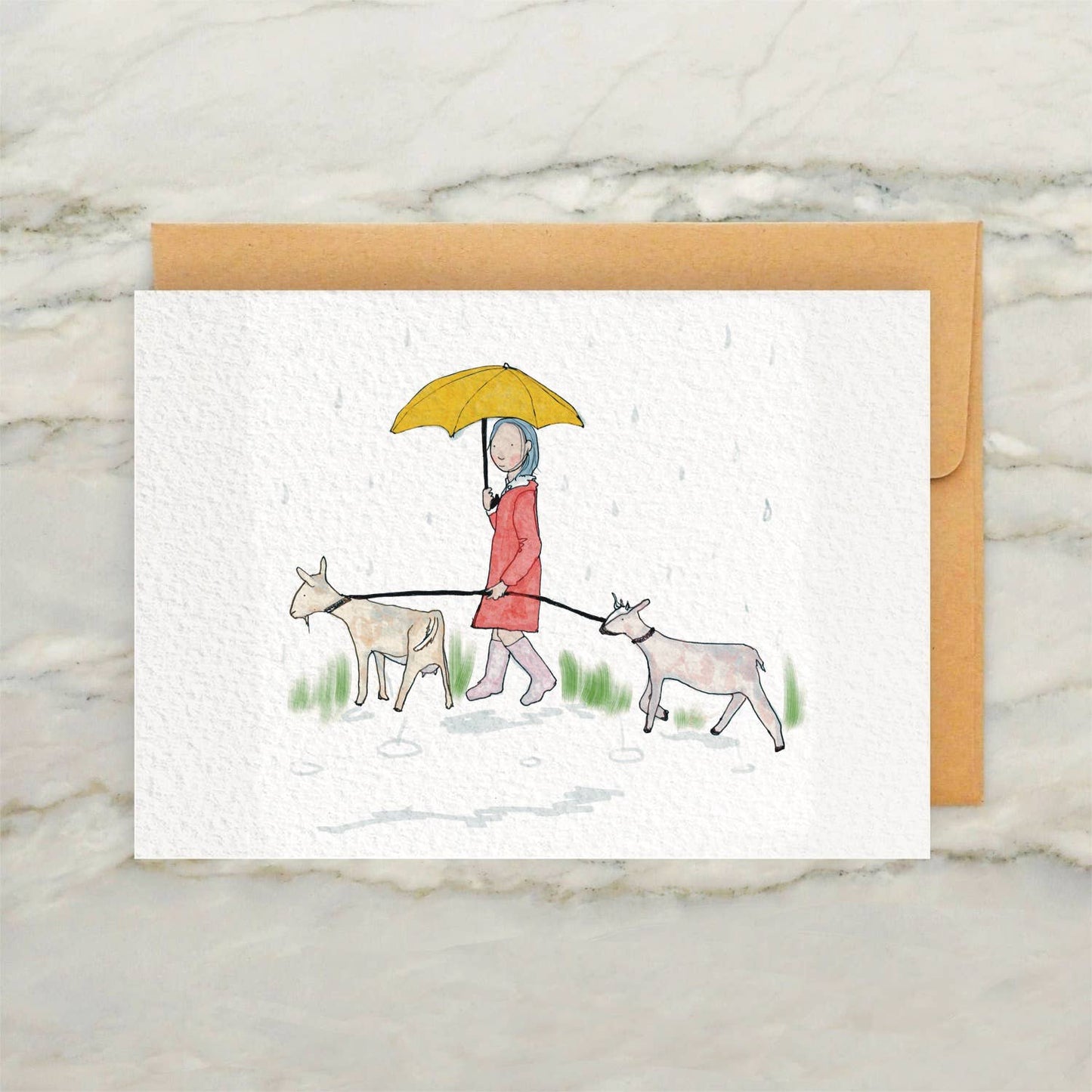 Woman Walking Goats in the Rain 4x5" Greeting Card -Vintage