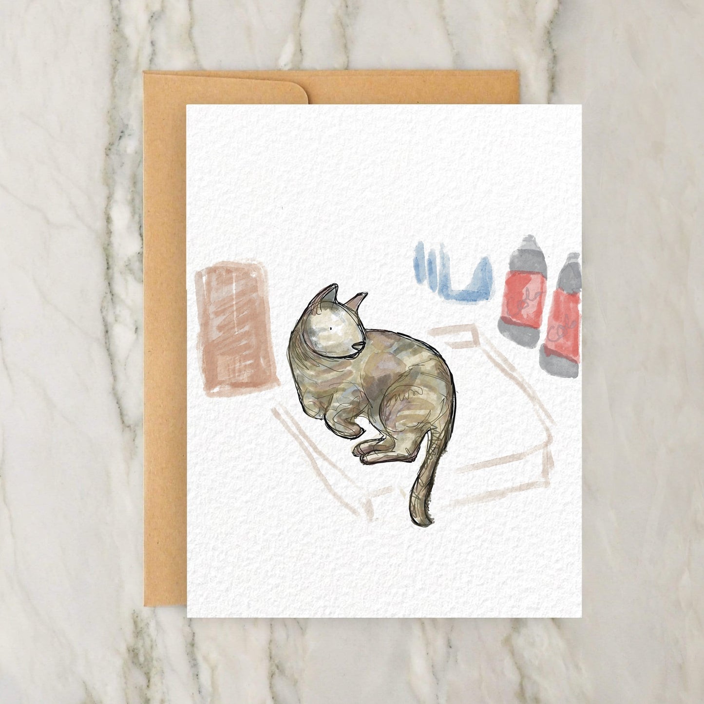 a card with a drawing of a cat on it