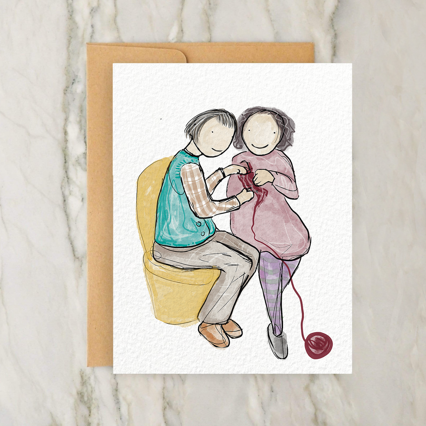 a card with a drawing of two people sitting on a chair