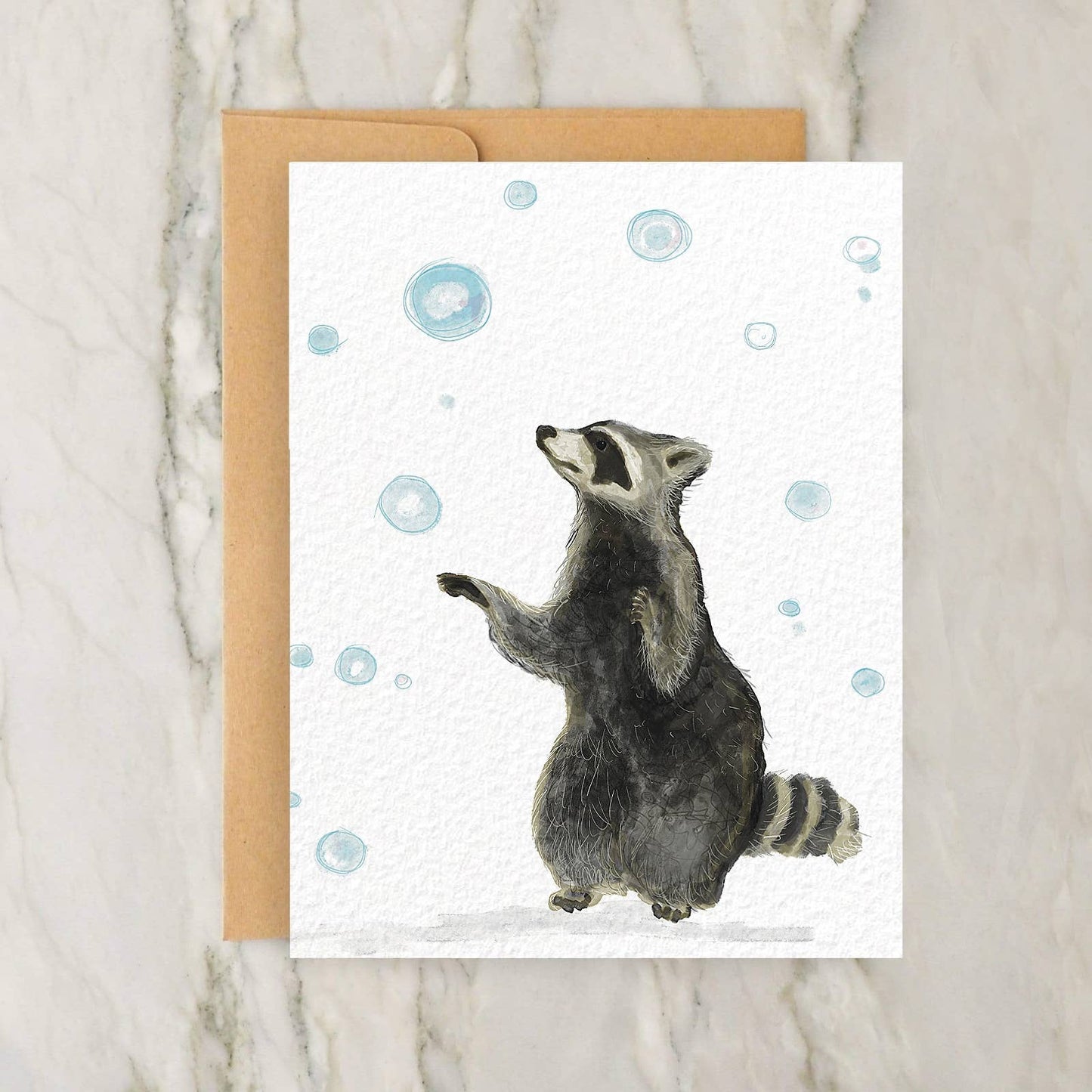 Raccoon Catching Bubbles 4x5" Cute / Funny Greeting Card