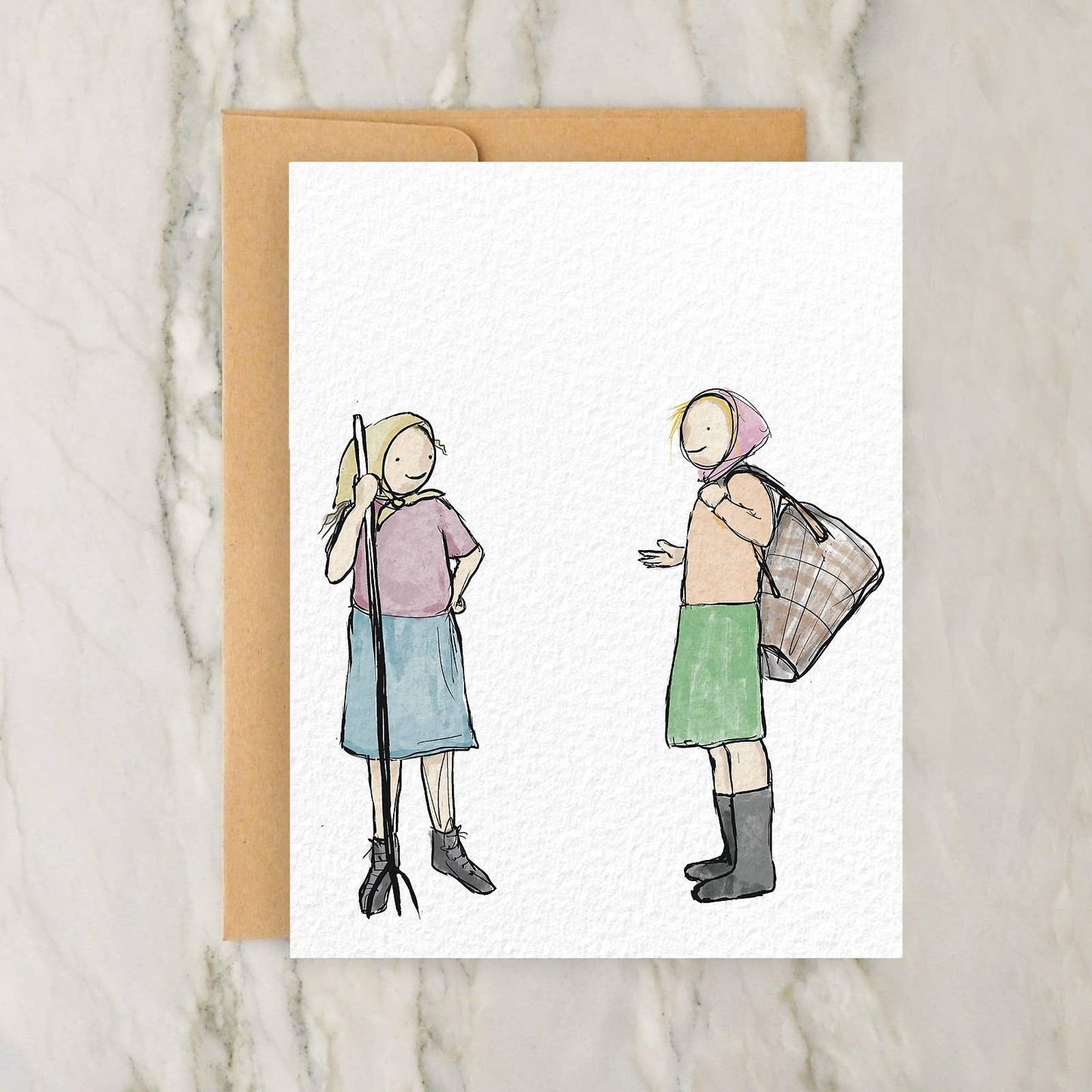 Two Rural Farm Women Talking 4x5" Greeting Card