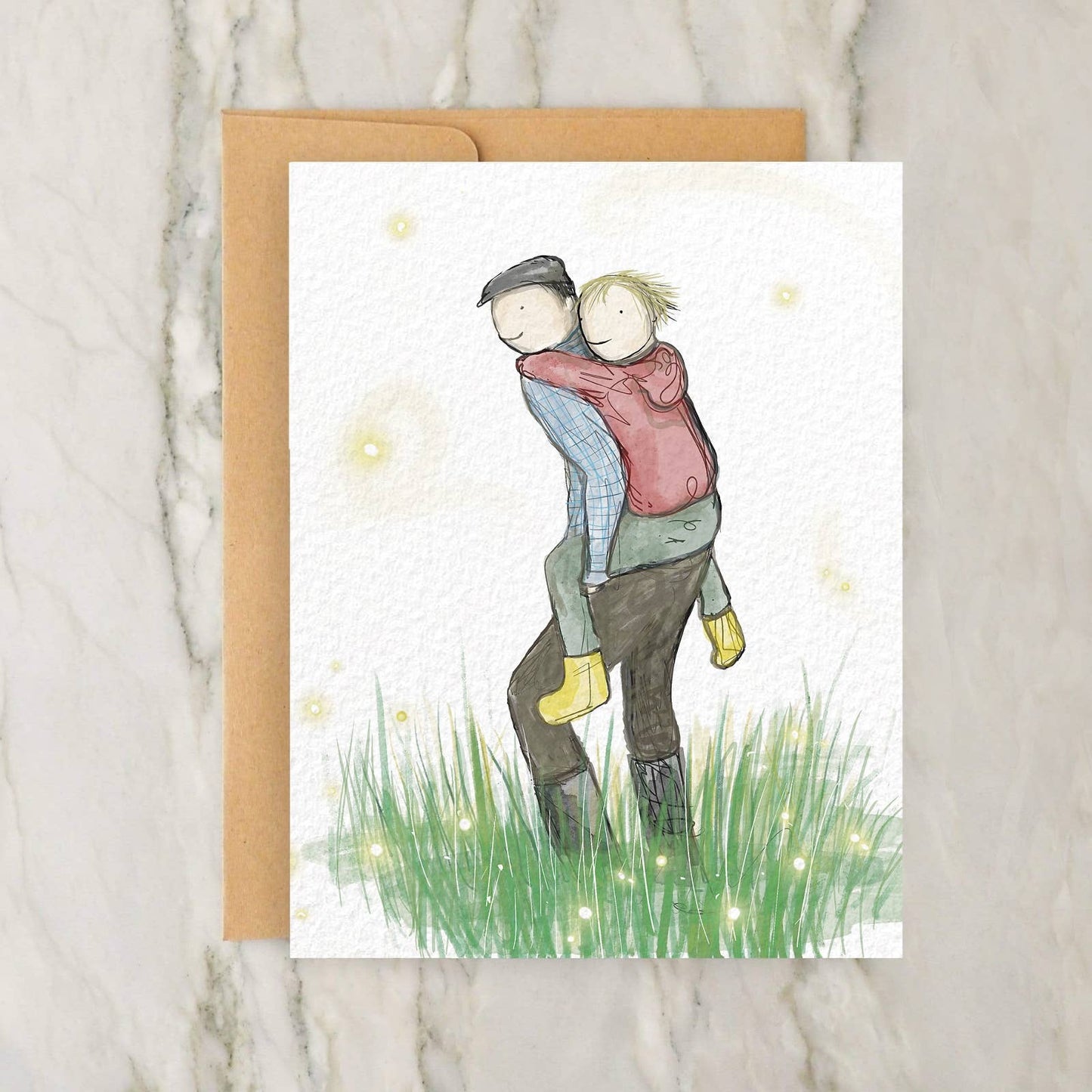 Father and Child Piggyback with Fireflies 4x5" Greeting Card