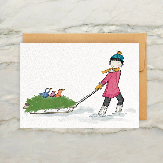 Person Pulling Holiday Sled 4x5" Greeting Card Vintage