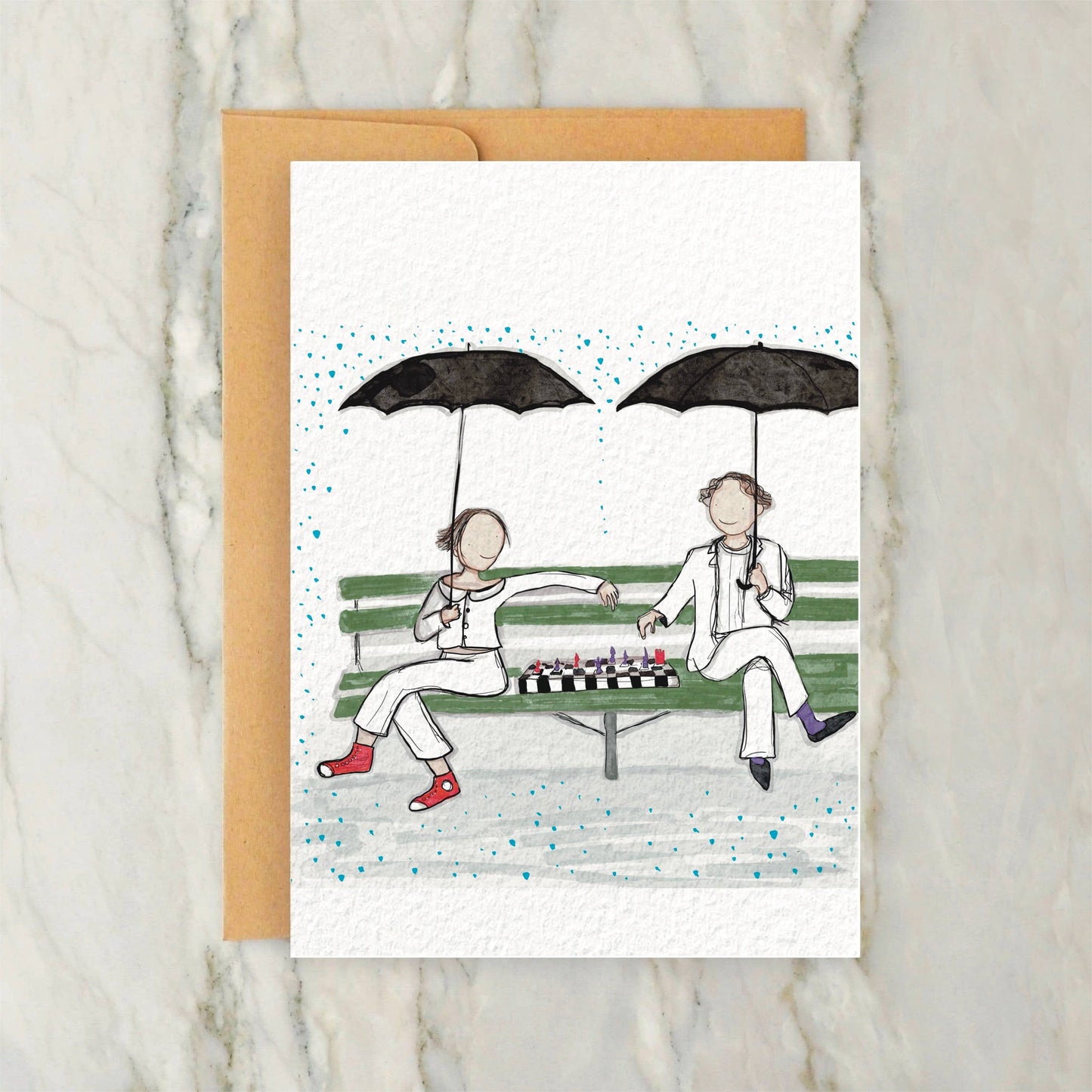 Friends Playing Chess in the Rain 4x5" Greeting Card - NYC