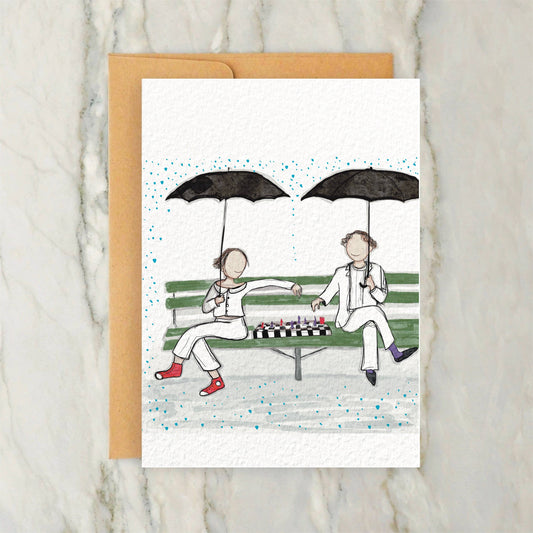 Friends Playing Chess in the Rain 4x5" Greeting Card - NYC