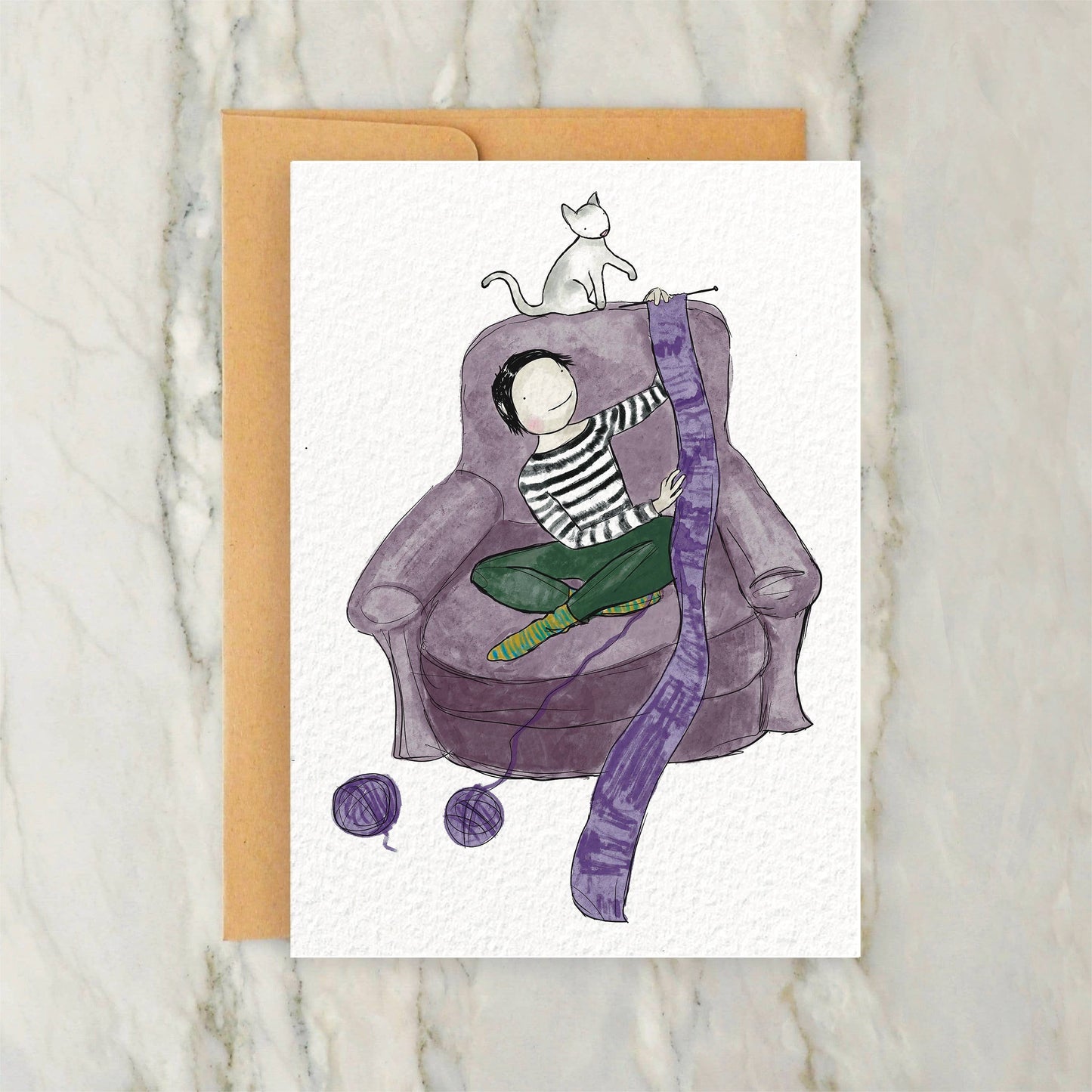 Person Knitting Purple Scarf with Cat Card 4x5"