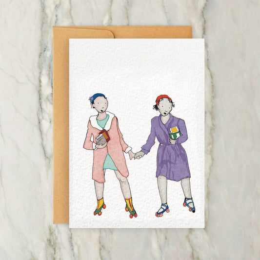 1930s Friends Rollerskating 4x5" Greeting Card -Vintage