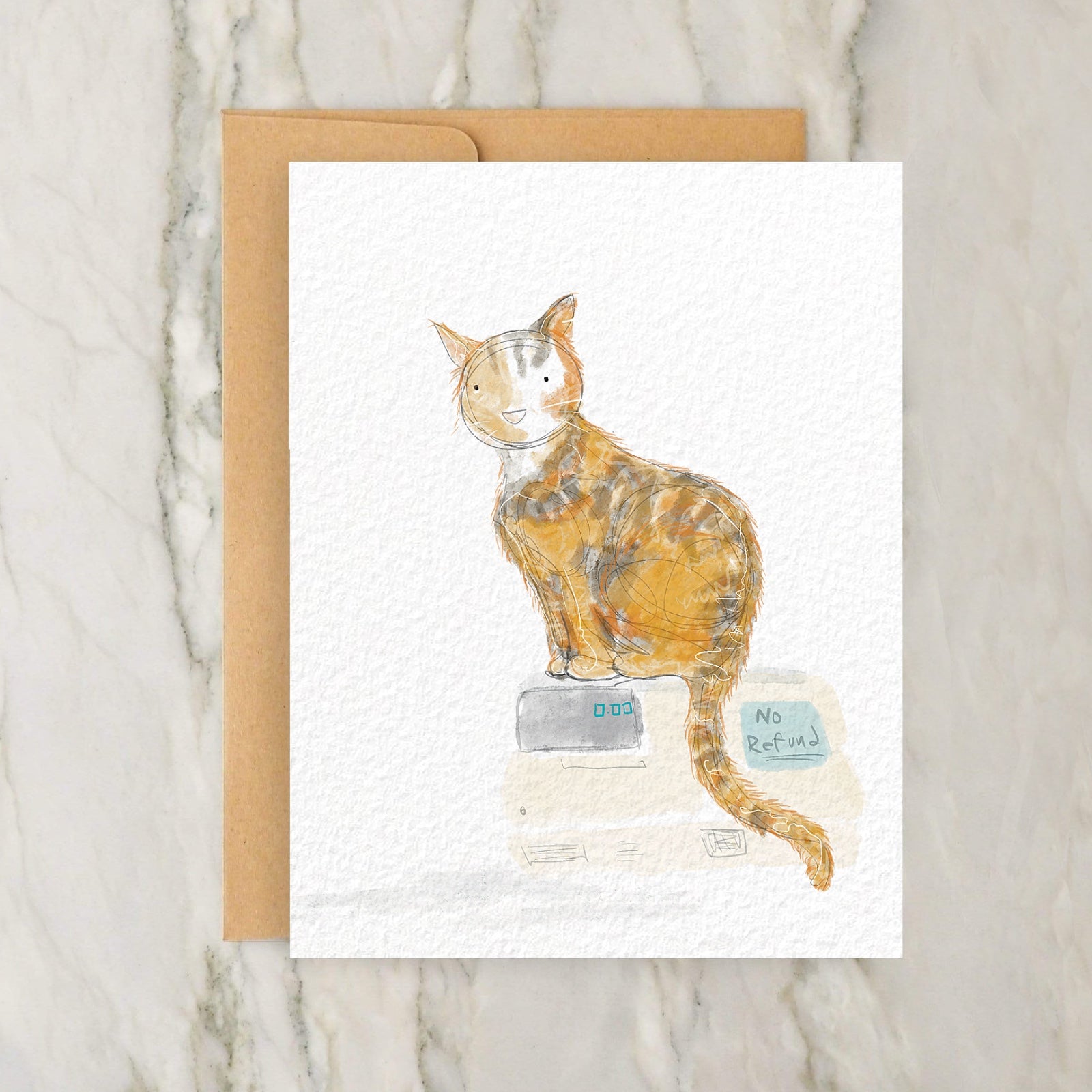 a card with a picture of a cat sitting on top of a box