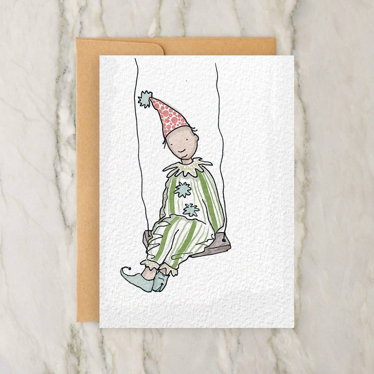 Clown Doll On Swing 4x5" Greeting Card -Vintage Style