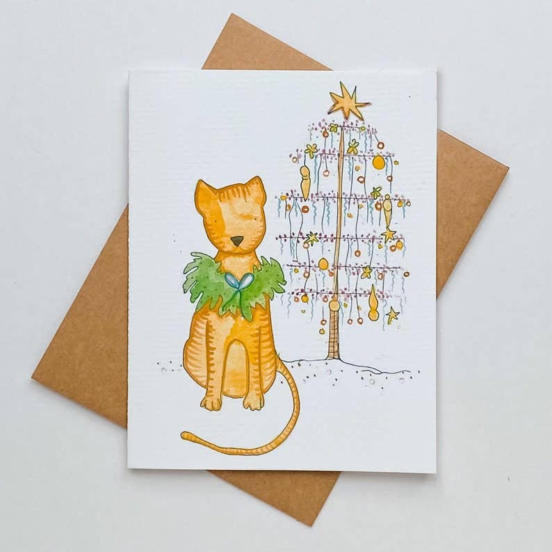 Yellow Holiday Cat Note Card