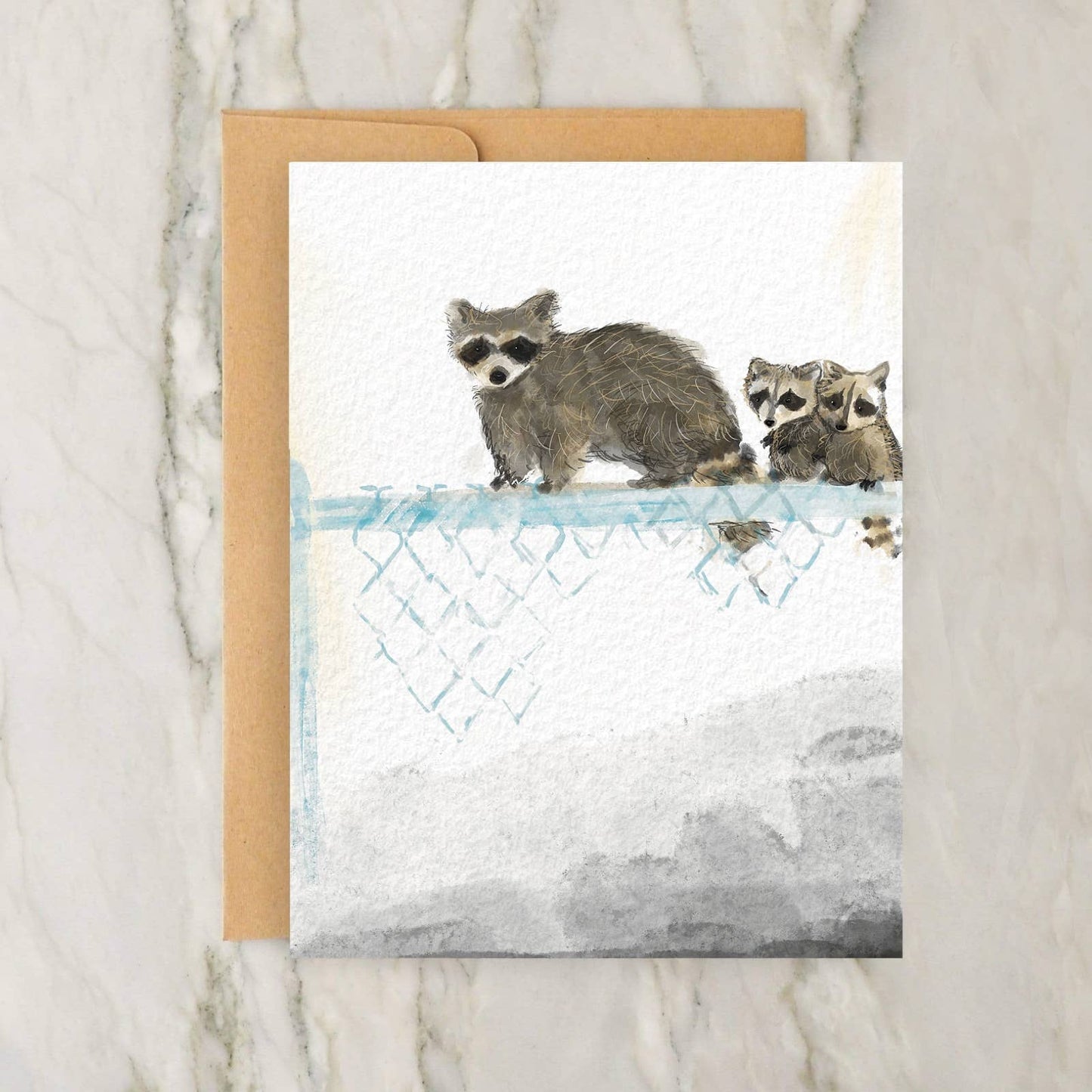 Raccoon With Babies in Urban City Setting 4x5" Greeting Card