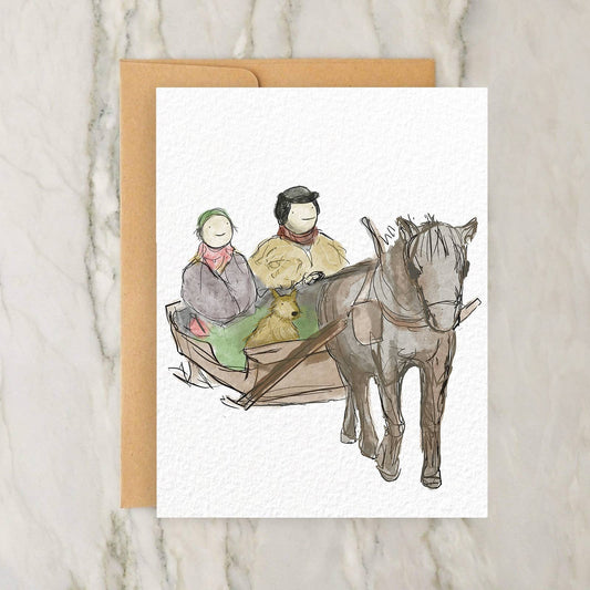 Two People and a Dog in a Vintage Sleigh 4x5" Greeting Card