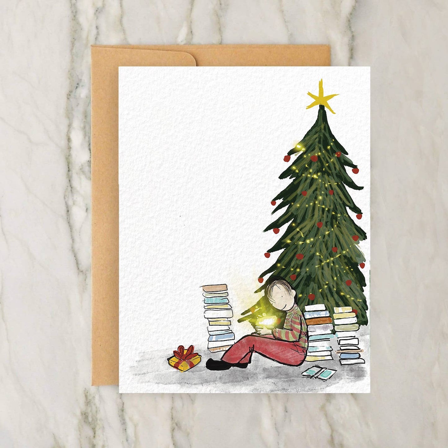 Person Reading Books Christmas Tree Gifts 4x5" Greeting Card