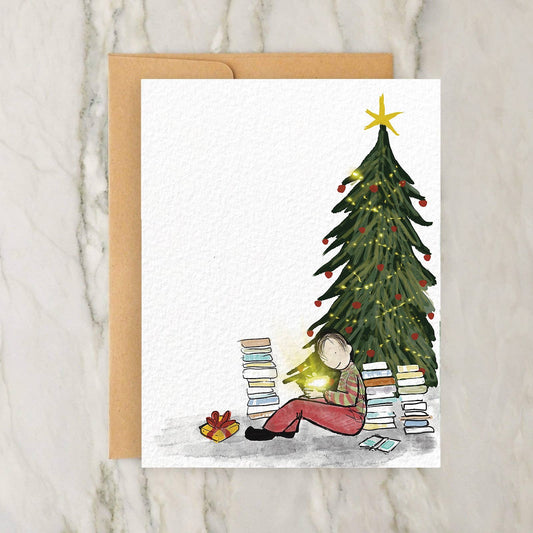 Person Reading Books Christmas Tree Gifts 4x5" Greeting Card