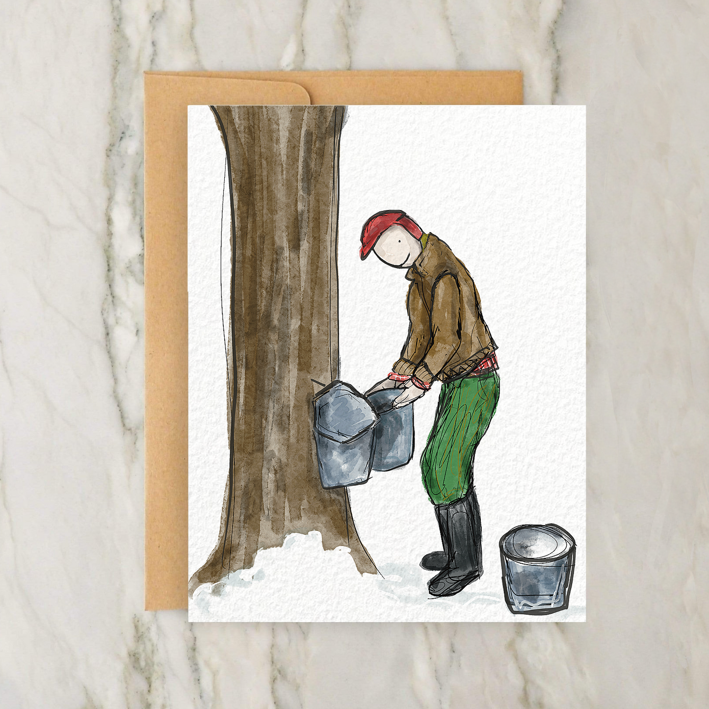 a card with a drawing of a man standing next to a tree