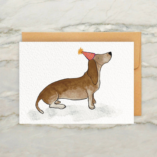 Sausage Dog Dachshund in Party Hat Birthday Card 4x5"