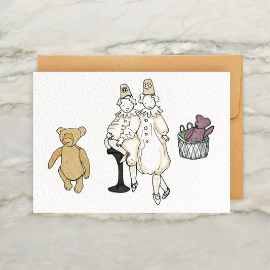 Fluffy White Clowns and Toys 4x5" Greeting Card Cream Puffs