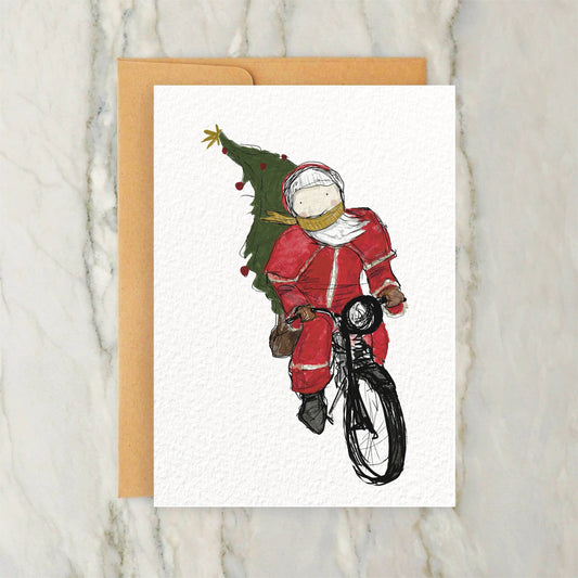 Santa on a Bike 4x5" Christmas Greeting Card