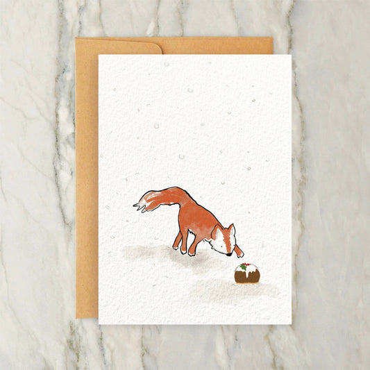 Fox and Holiday Pudding 4x5" Christmas Greeting Card