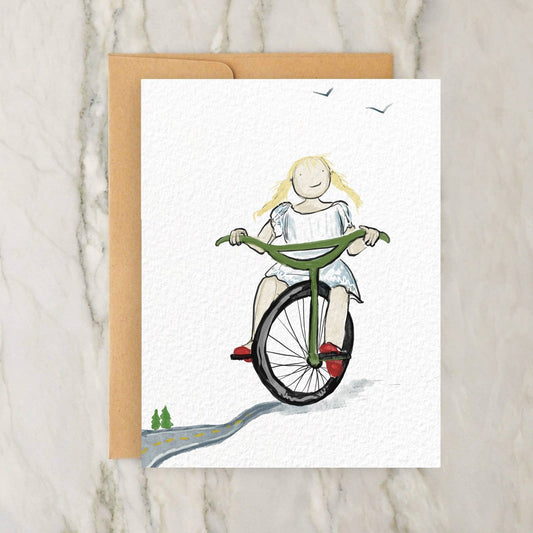 Imaginative Little Girl on a Trike / Bike 4x5" Greeting Card