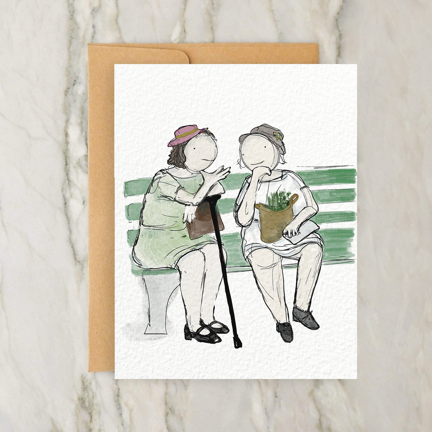 a card with a drawing of two women sitting on a bench