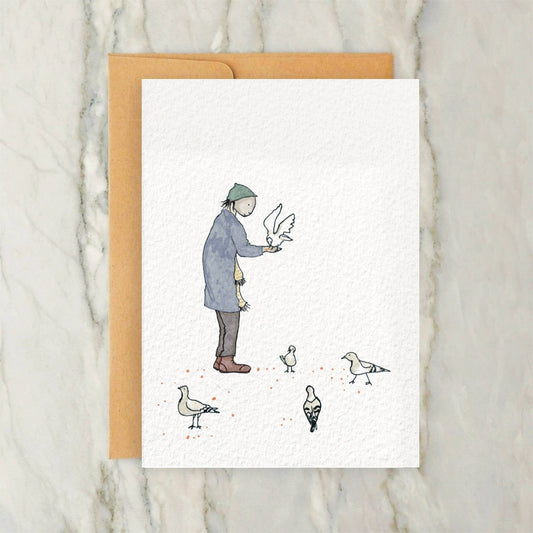 Person Feeding Pigeons 4x5" Greeting Card -Vintage Style