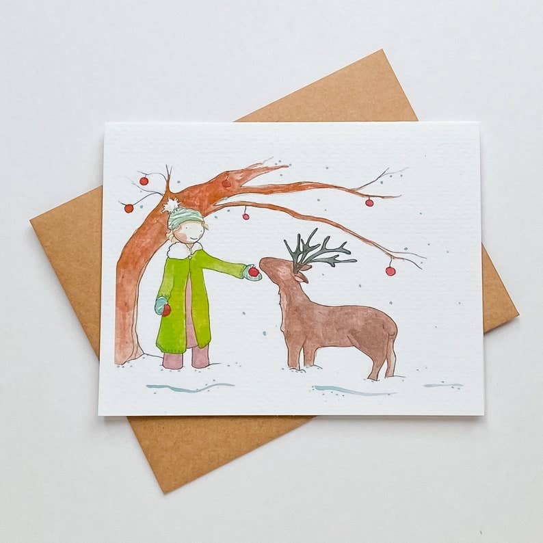 Girl and Deer Apple Tree Note Card