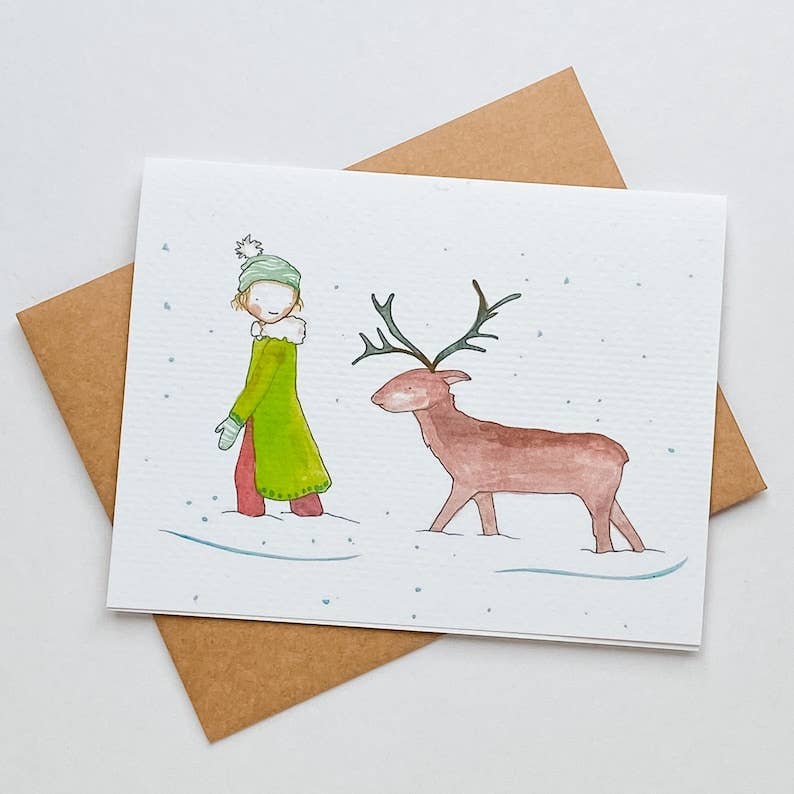 Girl and Deer Winter Walk Note Card