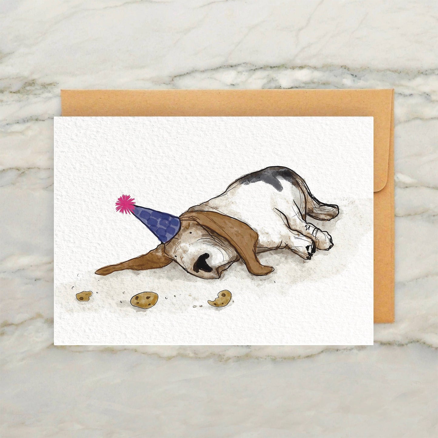 Sleepy Basset Hound Dog in Party Hat Birthday Card 4x5"