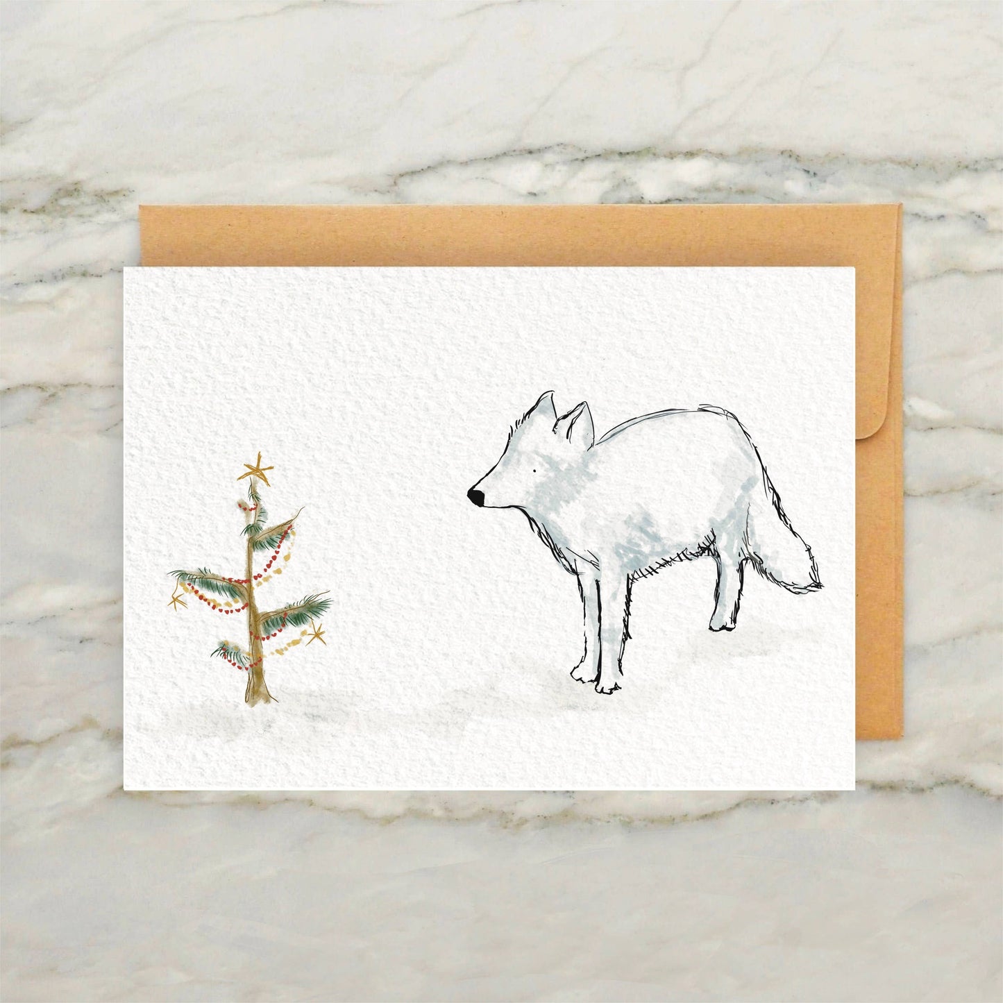 Arctic Fox and Mini Tree Holiday Card 4x5"