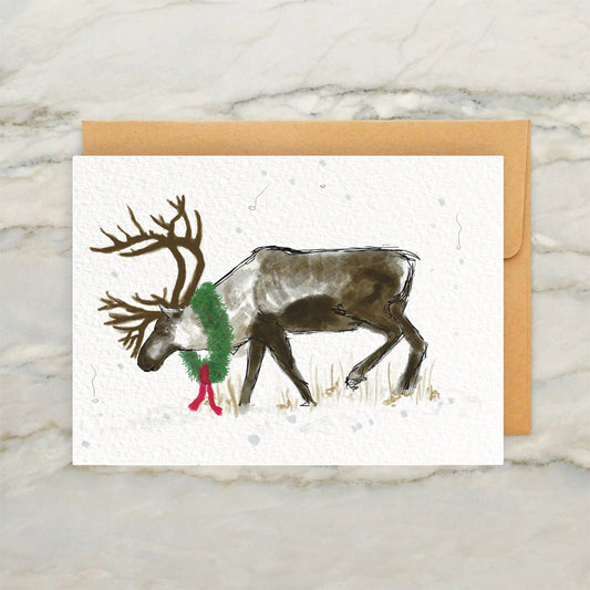 Reindeer With a Wreath 4x5" Greeting Card -Vintage Christmas