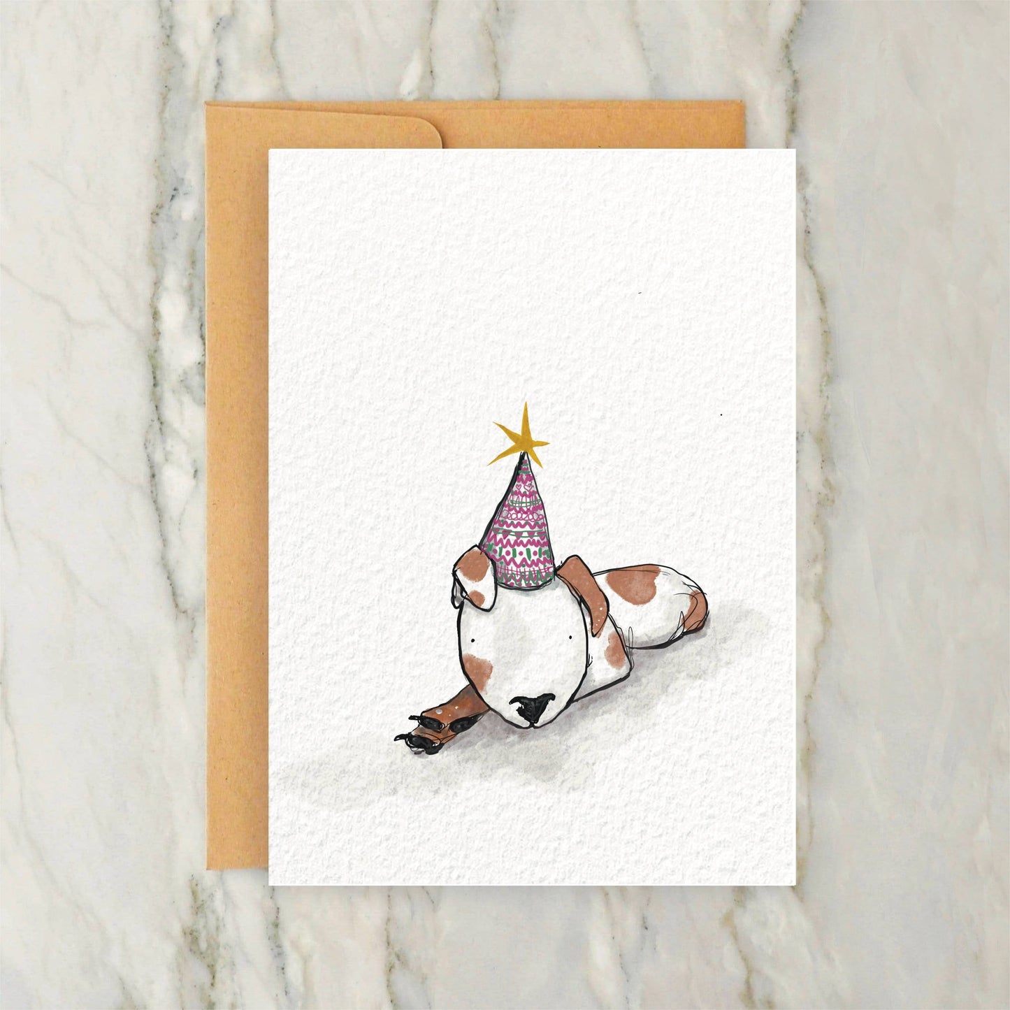 Brown Dog Lying Down with Birthday Hat Card 4x5"