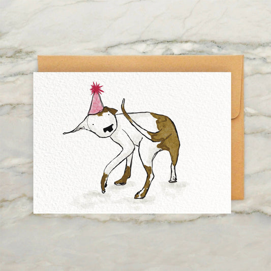 Dog Chasing Its Tail in Party Hat Birthday Card 4x5"