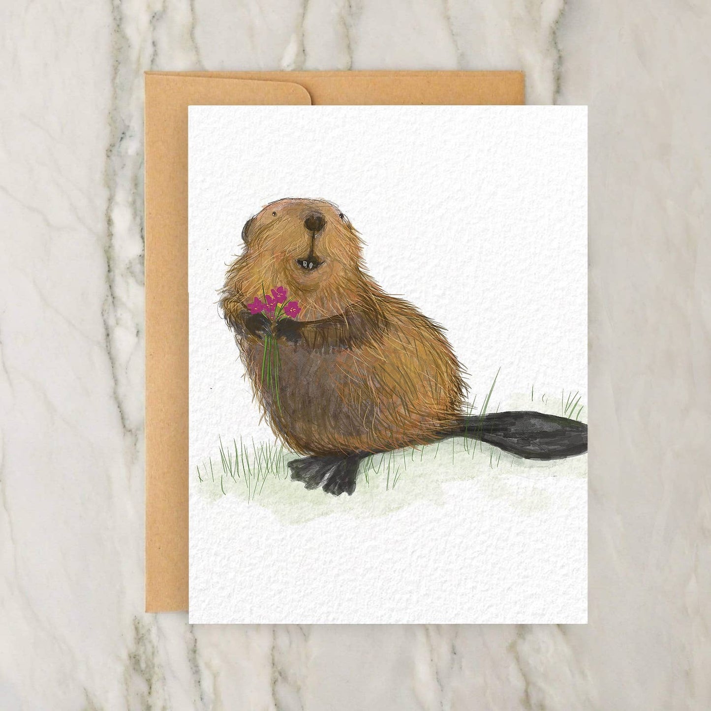 Beaver with Flowers 4x5" Greeting Card - Valentines Day