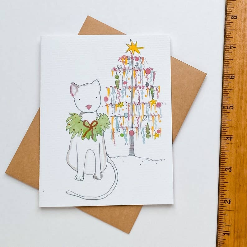 White Holiday Cat Note Card