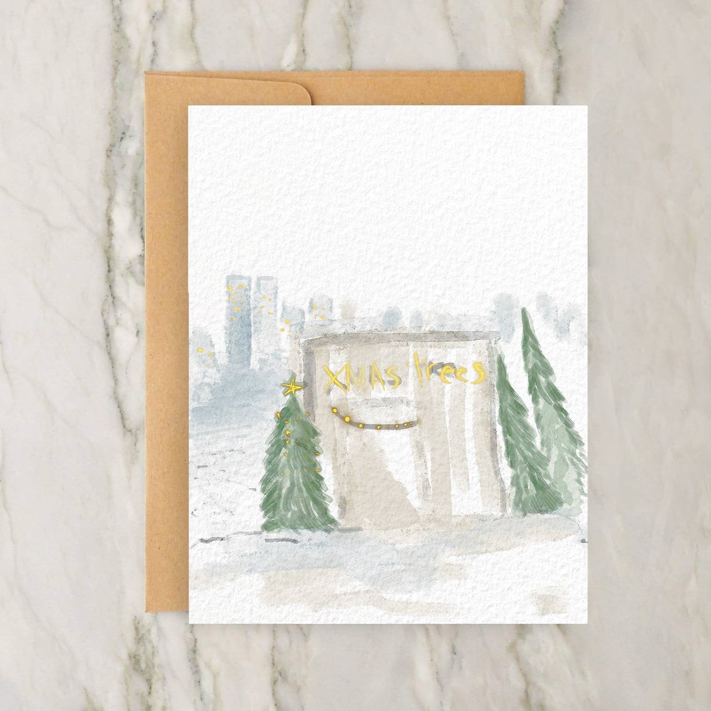 Foggy NYC Christmas Tree Stand 4x5" Greeting Card