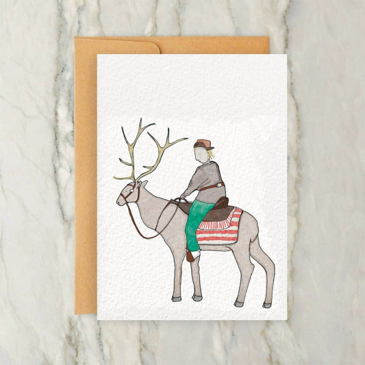 Person Riding Reindeer 4x5" Greeting Card -Vintage Style