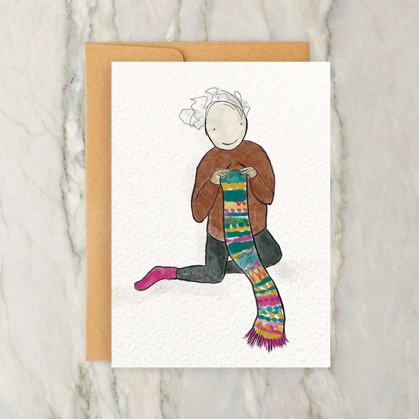 Person Knitting Long Colorful Scarf Card 4x5"