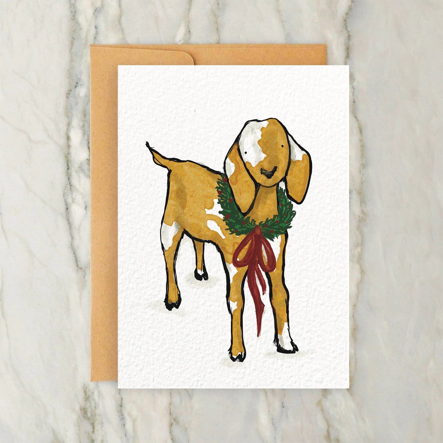 Goat with Wreath Collar Holiday Card 4x5"